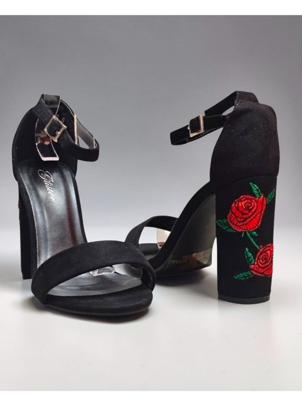 Black Faux Suede Block Heel Sandals With Rose Embroidery & Ankle Strap